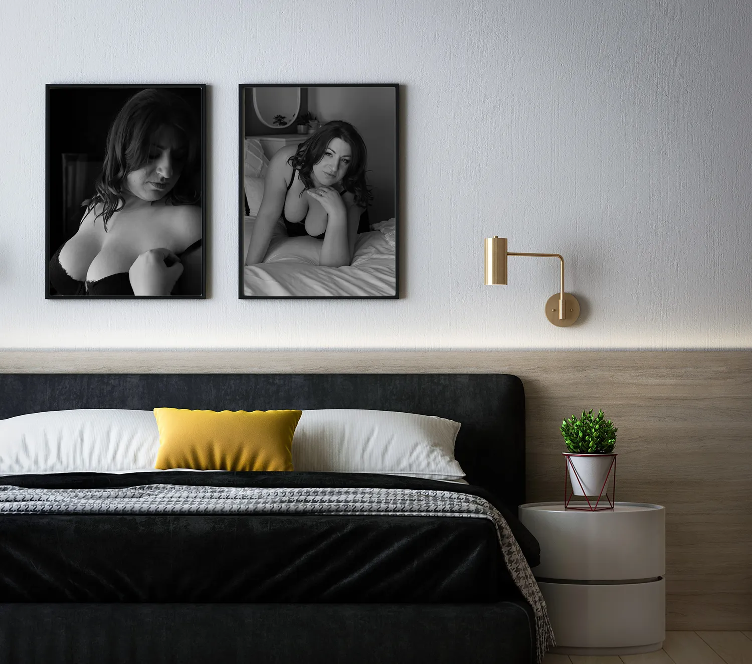 Two big printed images above the bed on the wall in black and white